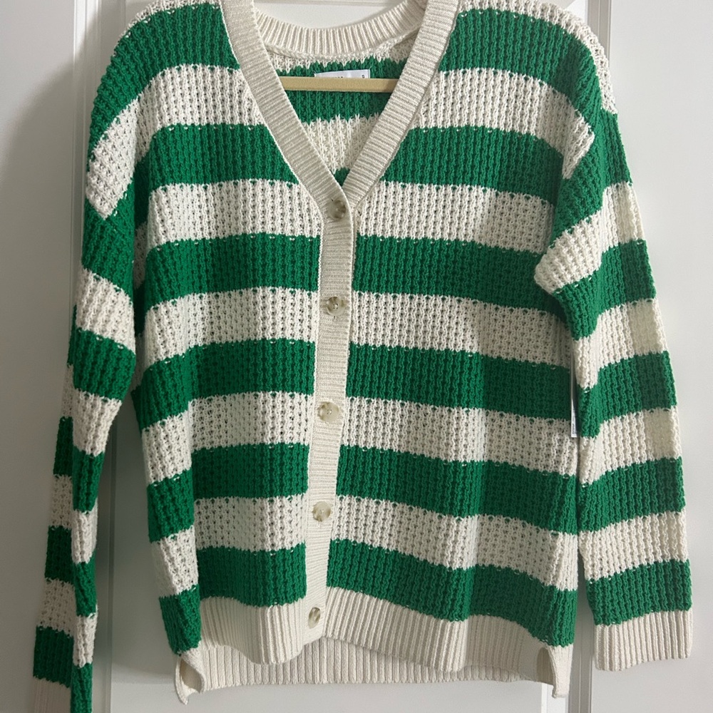 Sonoma Green and Cream Striped Knit Button Cardigan